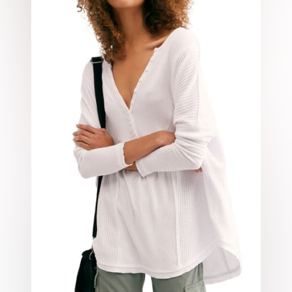 Free People Leo Thermal Henley Top M Ivory White Oversized Long Sleeve